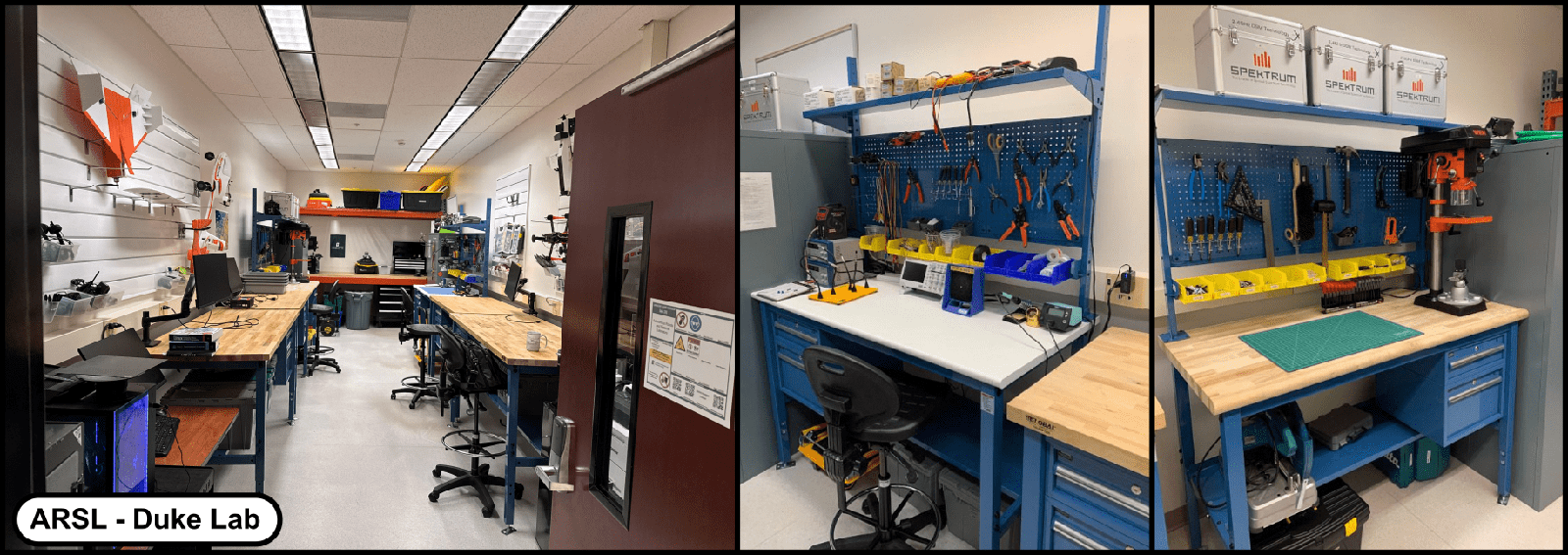 Three views of the ARSL Duke Lab: a room of workbenches with monitors and task chairs, and two close views of blue workbenches with pegboard tool walls, hand tools, and electronics equipment.