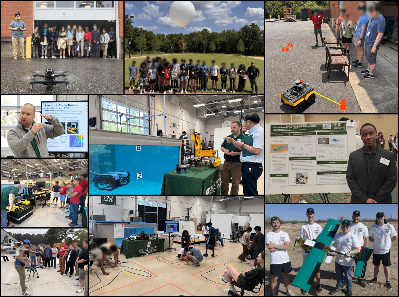 A montage of ARSL outreach activities: drone flight demonstrations, group photos with visiting student groups, laboratory tours, poster sessions, and hands-on robotics activities in a gymnasium.