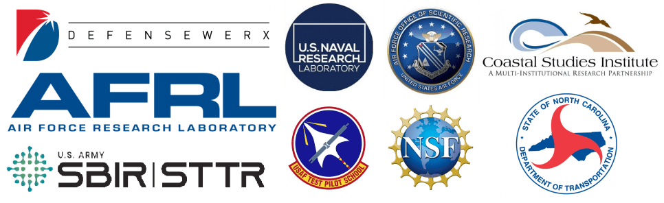Logos of ARSL sponsors and collaborators: DEFENSEWERX, the Air Force Research Laboratory, the U.S. Army SBIR/STTR program, the U.S. Naval Research Laboratory, the National Science Foundation, the Coastal Studies Institute, and the N.C. Department of Transportation.