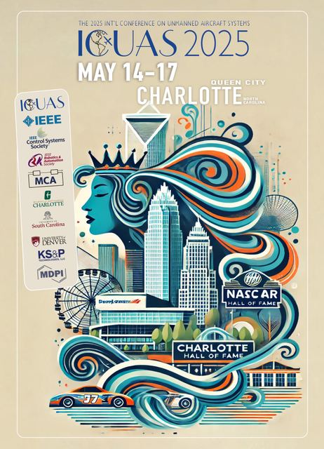 Conference poster for ICUAS 2025, held 14–17 May in Charlotte.